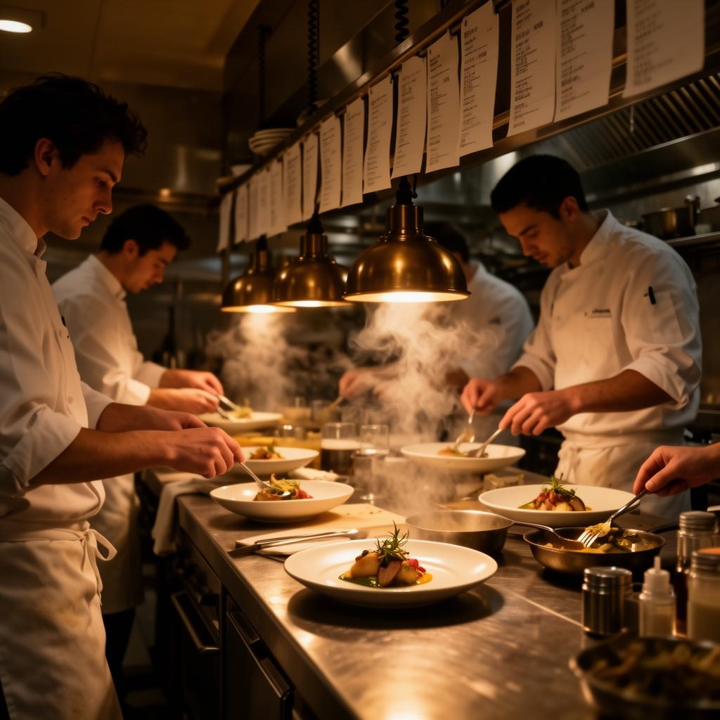 Busy restaurant kitchen plating dishes during dinner service